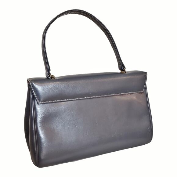 GLAMOUR Vintage Grey Leather Handbag Grandma Core Retro 60's 70's Top Handle - Picture 2 of 11